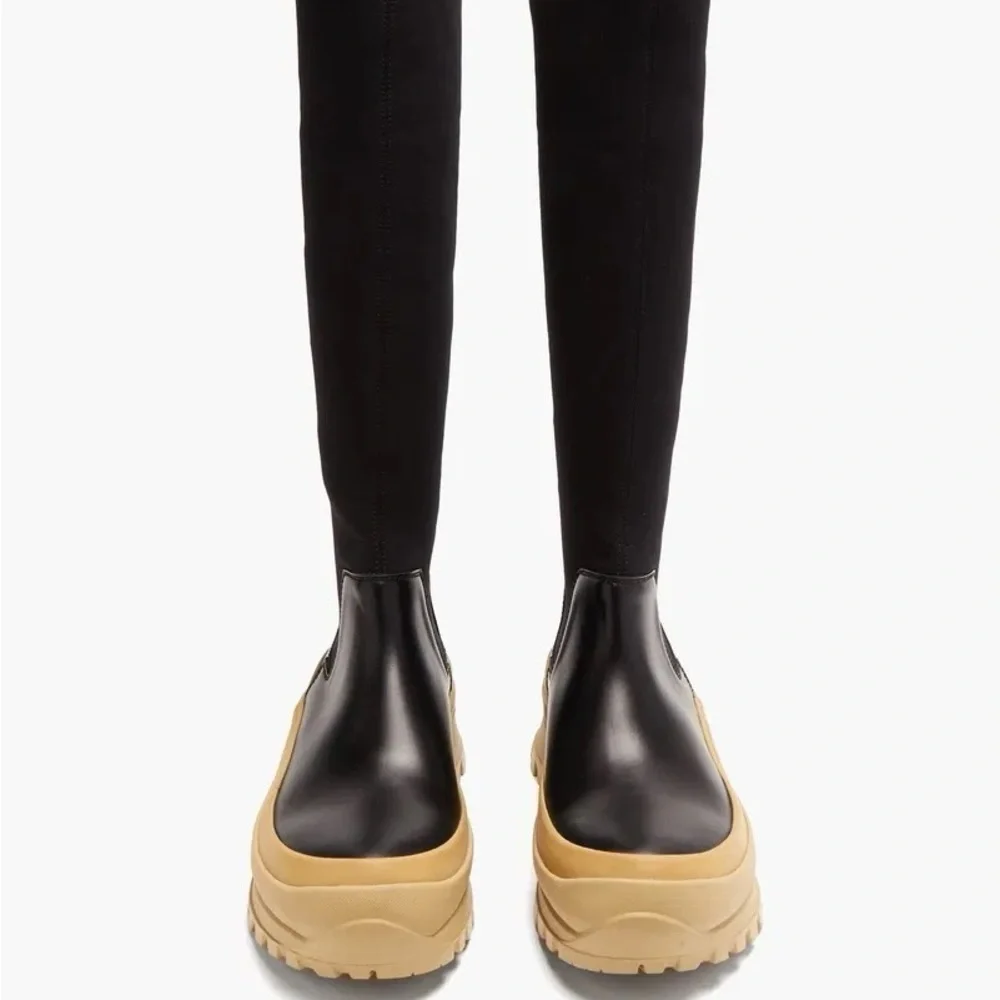 Jill Sander Black and Tan leather and scuba jersey tall Boots 39 US 8.5 Italy